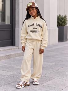 SHEIN Sparklyn Tween Girls Spring Fall Sweatshirt Set 2 Pieces Sweatshirt And Pants Set Half Zip Sweatshirt Wide Leg Pants Letter Print Casual Outdoor Wear - Beige - View 4