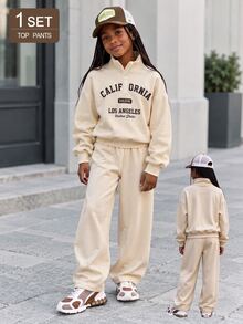 SHEIN Sparklyn Tween Girls Spring Fall Sweatshirt Set 2 Pieces Sweatshirt And Pants Set Half Zip Sweatshirt Wide Leg Pants Letter Print Casual Outdoor Wear - Beige - View 3