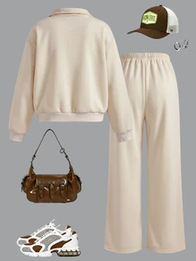 SHEIN Sparklyn Tween Girls Spring Fall Sweatshirt Set 2 Pieces Sweatshirt And Pants Set Half Zip Sweatshirt Wide Leg Pants Letter Print Casual Outdoor Wear - Beige - View 2