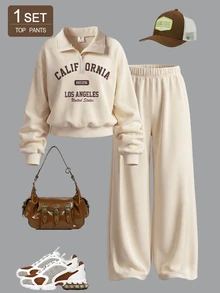 SHEIN Sparklyn Tween Girls Spring Fall Sweatshirt Set 2 Pieces Sweatshirt And Pants Set Half Zip Sweatshirt Wide Leg Pants Letter Print Casual Outdoor Wear - Beige - View 1