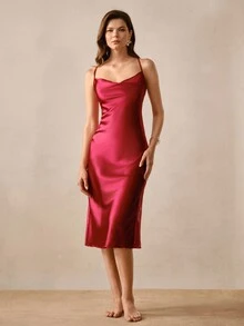 Hourtrue Women's 2 Pieces Sexy Elegant Evening Gown Pajama Set - Burgundy - View 4