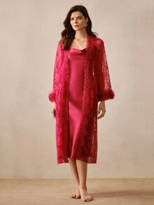 Hourtrue Women's 2 Pieces Sexy Elegant Evening Gown Pajama Set - Burgundy - View 1