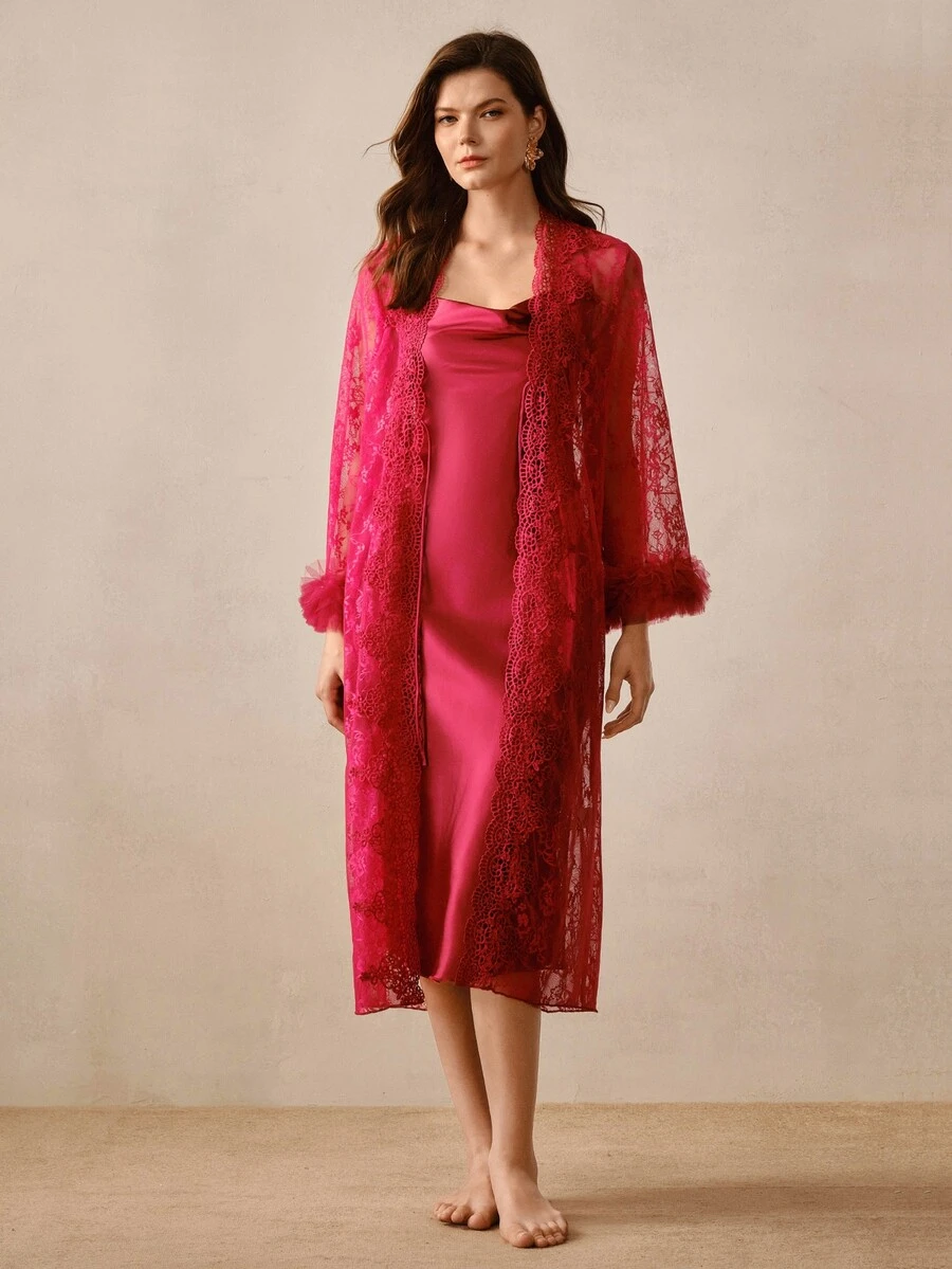 Hourtrue Women's 2 Pieces Sexy Elegant Evening Gown Pajama Set - Burgundy - View 1
