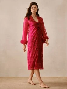 Hourtrue Women's 2 Pieces Sexy Elegant Evening Gown Pajama Set - Burgundy - View 9