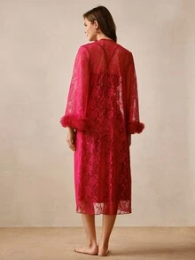 Hourtrue Women's 2 Pieces Sexy Elegant Evening Gown Pajama Set - Burgundy - View 2