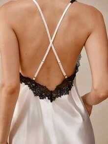 Hourtrue Asymmetrical Lace Trim Patchwork Faux Silk Sexy Camisole Nightgown - White - View 3