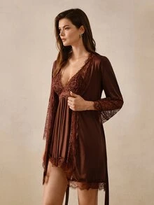 Hourtrue Minimalist Sexy Sexy Style Brown Lace Backless Women's Camisole Loungewear, Lace Patchwork Robe With Tie Waist, Mesh Sheer Cuffs Morning Robe - Brown - View 6