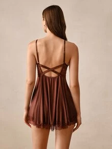 Hourtrue Minimalist Sexy Sexy Style Brown Lace Backless Women's Camisole Loungewear, Lace Patchwork Robe With Tie Waist, Mesh Sheer Cuffs Morning Robe - Brown - View 2