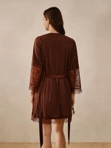 Hourtrue Minimalist Sexy Sexy Style Brown Lace Backless Women's Camisole Loungewear, Lace Patchwork Robe With Tie Waist, Mesh Sheer Cuffs Morning Robe - Brown - View 5