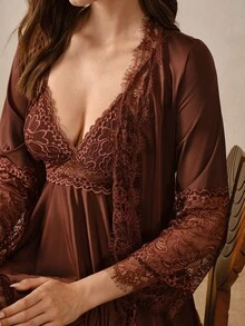 Hourtrue Minimalist Sexy Sexy Style Brown Lace Backless Women's Camisole Loungewear, Lace Patchwork Robe With Tie Waist, Mesh Sheer Cuffs Morning Robe - Brown - View 4