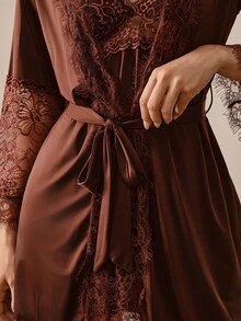 Hourtrue Minimalist Sexy Sexy Style Brown Lace Backless Women's Camisole Loungewear, Lace Patchwork Robe With Tie Waist, Mesh Sheer Cuffs Morning Robe - Brown - View 8