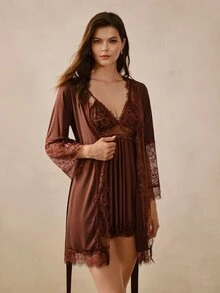 Hourtrue Minimalist Sexy Sexy Style Brown Lace Backless Women's Camisole Loungewear, Lace Patchwork Robe With Tie Waist, Mesh Sheer Cuffs Morning Robe - Brown - View 7