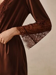Hourtrue Minimalist Sexy Sexy Style Brown Lace Backless Women's Camisole Loungewear, Lace Patchwork Robe With Tie Waist, Mesh Sheer Cuffs Morning Robe - Brown - View 9