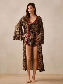 Hourtrue Women's Leopard Print Colorblock Camisole Top And Shorts With Long Sleeve Robe 3-Piece Loungewear Set - Coffee Brown - View 1