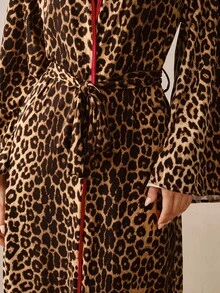 Hourtrue Women's Leopard Print Colorblock Camisole Top And Shorts With Long Sleeve Robe 3-Piece Loungewear Set - Coffee Brown - View 10