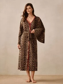 Hourtrue Women's Leopard Print Colorblock Camisole Top And Shorts With Long Sleeve Robe 3-Piece Loungewear Set - Coffee Brown - View 9