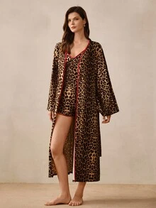 Hourtrue Women's Leopard Print Colorblock Camisole Top And Shorts With Long Sleeve Robe 3-Piece Loungewear Set - Coffee Brown - View 7