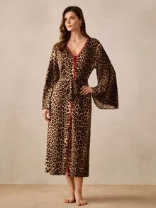 Hourtrue Women's Leopard Print Colorblock Camisole Top And Shorts With Long Sleeve Robe 3-Piece Loungewear Set - Coffee Brown - View 8