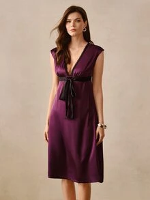 Hourtrue Satin Finish Colorblock Bow Tie Elegant Long Nightgown For Women - Red Violet - View 1