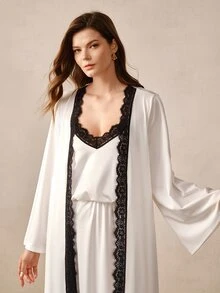Hourtrue Conjunto de 2 piezas de camisola y bata con patchwork de encaje en contraste de color para mujer, pijama y ropa de estar en casa para primavera/verano - Blanco - Ver 8