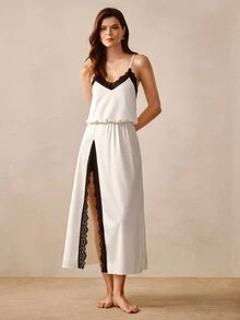 Hourtrue Conjunto de 2 piezas de camisola y bata con patchwork de encaje en contraste de color para mujer, pijama y ropa de estar en casa para primavera/verano - Blanco - Ver 4