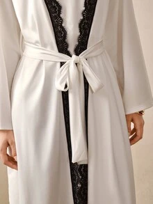Hourtrue Conjunto de 2 piezas de camisola y bata con patchwork de encaje en contraste de color para mujer, pijama y ropa de estar en casa para primavera/verano - Blanco - Ver 9