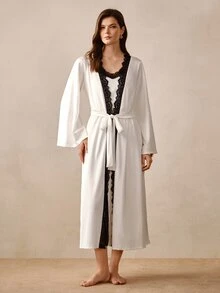 Hourtrue Conjunto de 2 piezas de camisola y bata con patchwork de encaje en contraste de color para mujer, pijama y ropa de estar en casa para primavera/verano - Blanco - Ver 1