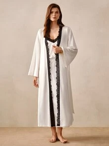 Hourtrue Conjunto de 2 piezas de camisola y bata con patchwork de encaje en contraste de color para mujer, pijama y ropa de estar en casa para primavera/verano - Blanco - Ver 7