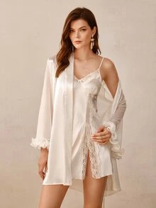 Hourtrue Sexy Lace Patchwork Pure White Dress Women Summer Flowy Elegant Nightgown Set - White - View 1
