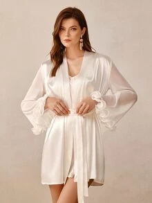 Hourtrue Sexy Lace Patchwork Pure White Dress Women Summer Flowy Elegant Nightgown Set - White - View 5