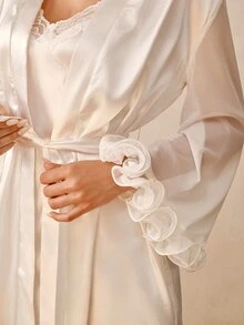 Hourtrue Sexy Lace Patchwork Pure White Dress Women Summer Flowy Elegant Nightgown Set - White - View 6