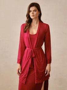 Hourtrue Women's Contrast Lace Long Sleeve Robe And Camisole Dress Elegant Pajama Set - Burgundy - View 7