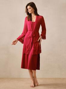 Hourtrue Women's Contrast Lace Long Sleeve Robe And Camisole Dress Elegant Pajama Set - Burgundy - View 6