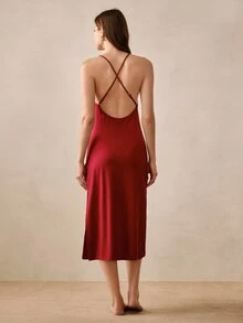 Hourtrue Women's Contrast Lace Long Sleeve Robe And Camisole Dress Elegant Pajama Set - Burgundy - View 3