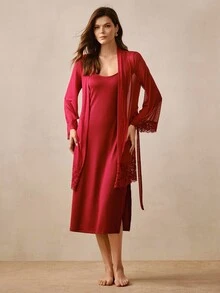 Hourtrue Women's Contrast Lace Long Sleeve Robe And Camisole Dress Elegant Pajama Set - Burgundy - View 5