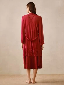 Hourtrue Women's Contrast Lace Long Sleeve Robe And Camisole Dress Elegant Pajama Set - Burgundy - View 2