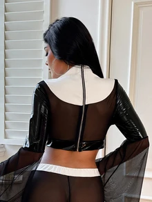 Fantasy Costume Fantasy Costume Halloween Nun Role Play PU Leather & Mesh Sexy Semi-Sheer Lingerie Costume Set 2pcs - Black and White - View 2