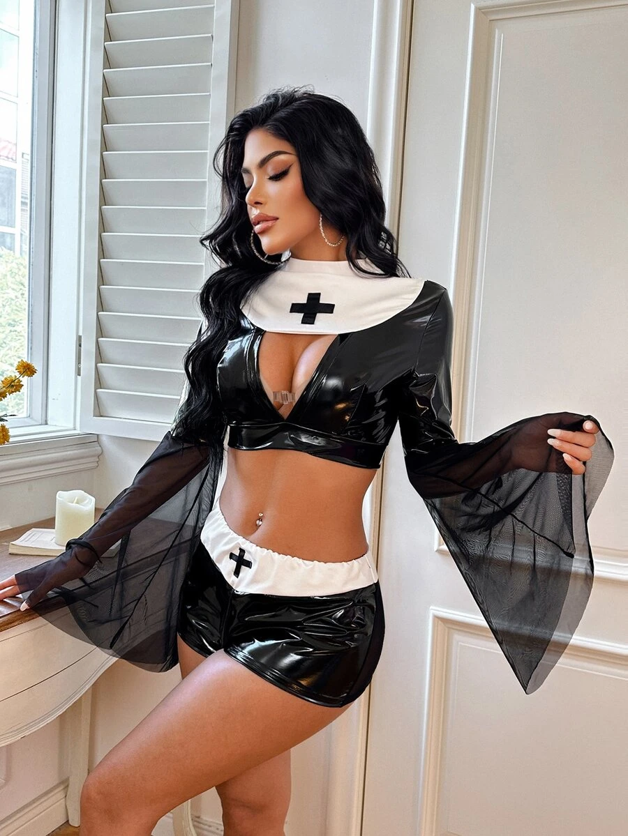 Fantasy Costume Fantasy Costume Halloween Nun Role Play PU Leather & Mesh Sexy Semi-Sheer Lingerie Costume Set 2pcs - Black and White - View 1
