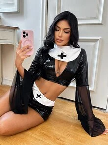 Fantasy Costume Fantasy Costume Halloween Nun Role Play PU Leather & Mesh Sexy Semi-Sheer Lingerie Costume Set 2pcs - Black and White - View 5