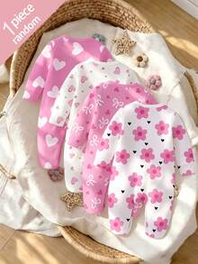 SHEIN [4 Sets For 1 Set]Pink Floral Heart Bow Print Baby Footed Romper, Comfortable Fabric For Spring/Summer, Long Sleeve Crawler Romper, Home Wear, Sleepwear, Sweet Cute Fashion Minimalist Heart Pink Romper - Multicolor - View 2
