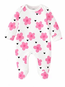 SHEIN [4 Sets For 1 Set]Pink Floral Heart Bow Print Baby Footed Romper, Comfortable Fabric For Spring/Summer, Long Sleeve Crawler Romper, Home Wear, Sleepwear, Sweet Cute Fashion Minimalist Heart Pink Romper - Multicolor - View 3