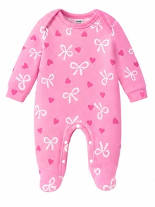 SHEIN [4 Sets For 1 Set]Pink Floral Heart Bow Print Baby Footed Romper, Comfortable Fabric For Spring/Summer, Long Sleeve Crawler Romper, Home Wear, Sleepwear, Sweet Cute Fashion Minimalist Heart Pink Romper - Multicolor - View 7