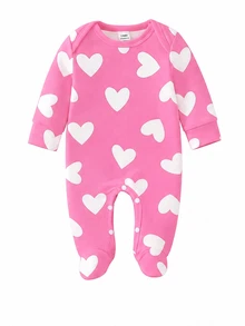 SHEIN [4 Sets For 1 Set]Pink Floral Heart Bow Print Baby Footed Romper, Comfortable Fabric For Spring/Summer, Long Sleeve Crawler Romper, Home Wear, Sleepwear, Sweet Cute Fashion Minimalist Heart Pink Romper - Multicolor - View 5