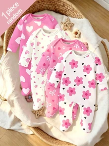 SHEIN [4 Sets For 1 Set]Pink Floral Heart Bow Print Baby Footed Romper, Comfortable Fabric For Spring/Summer, Long Sleeve Crawler Romper, Home Wear, Sleepwear, Sweet Cute Fashion Minimalist Heart Pink Romper - Multicolor - View 6