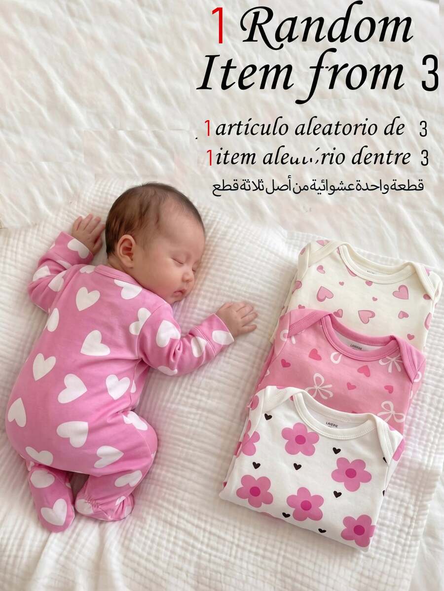 SHEIN [4 Sets For 1 Set]Pink Floral Heart Bow Print Baby Footed Romper, Comfortable Fabric For Spring/Summer, Long Sleeve Crawler Romper, Home Wear, Sleepwear, Sweet Cute Fashion Minimalist Heart Pink Romper - Multicolor - View 1