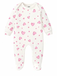 SHEIN [4 Sets For 1 Set]Pink Floral Heart Bow Print Baby Footed Romper, Comfortable Fabric For Spring/Summer, Long Sleeve Crawler Romper, Home Wear, Sleepwear, Sweet Cute Fashion Minimalist Heart Pink Romper - Multicolor - View 4