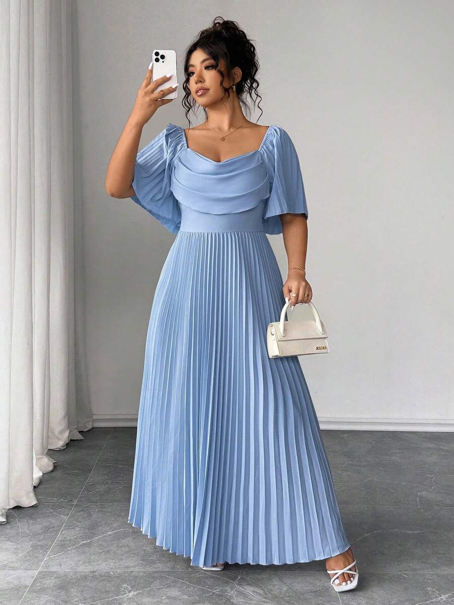 Elenzga Plus Size Elegant Solid Color Pleated Dress, Summer - Dusty Blue - View 1