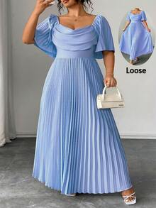 Elenzga Plus Size Elegant Solid Color Pleated Dress, Summer - Dusty Blue - View 3
