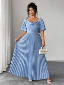 Elenzga Plus Size Elegant Solid Color Pleated Dress, Summer - Dusty Blue - View 4
