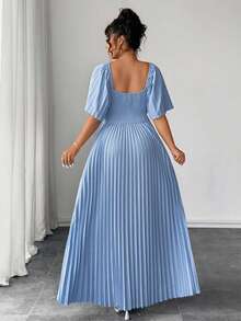 Elenzga Plus Size Elegant Solid Color Pleated Dress, Summer - Dusty Blue - View 2
